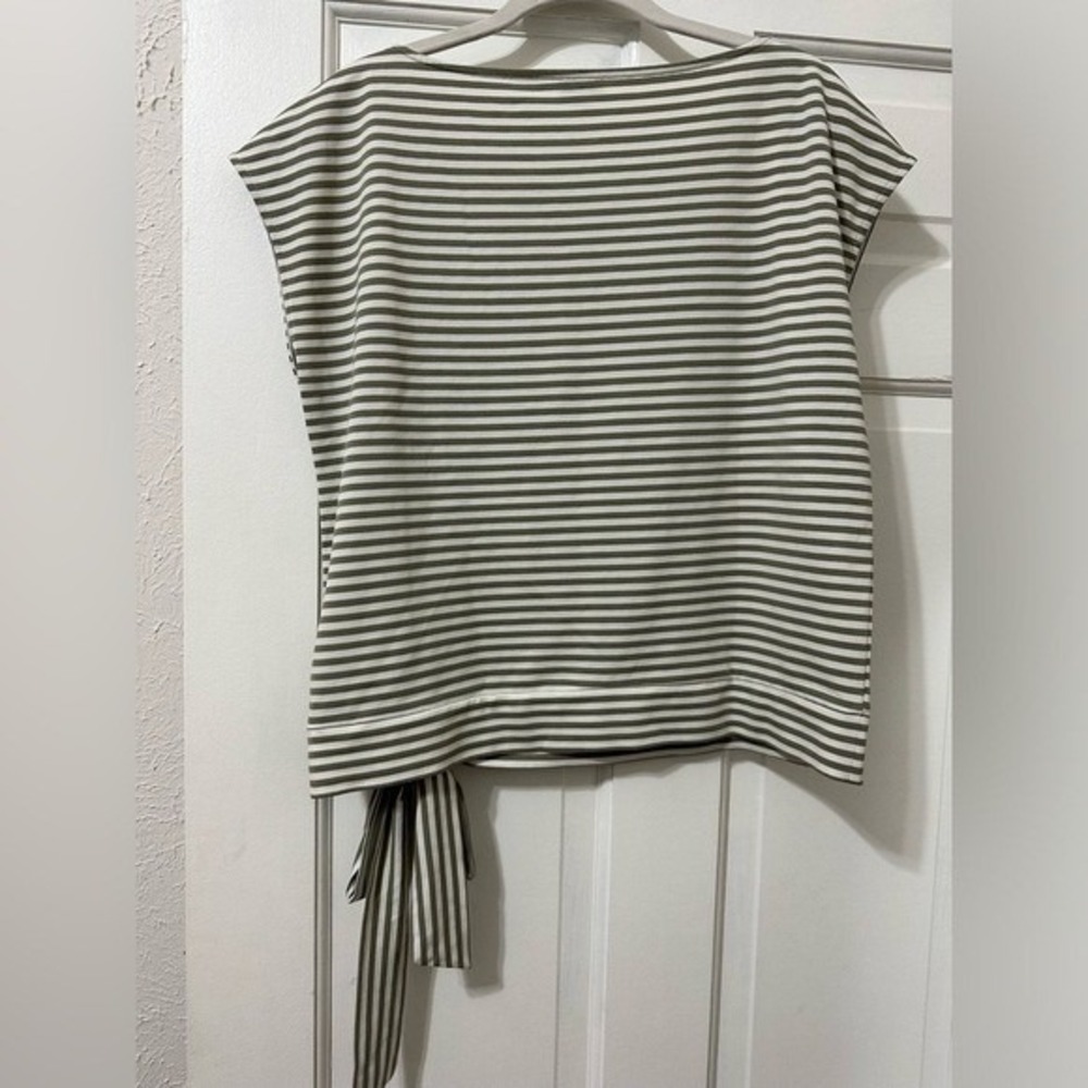 Cremieux Womens Large Olive Green White Striped Side‎ Tie Boat Neck Top RN58909 - Picture 5 of 7
